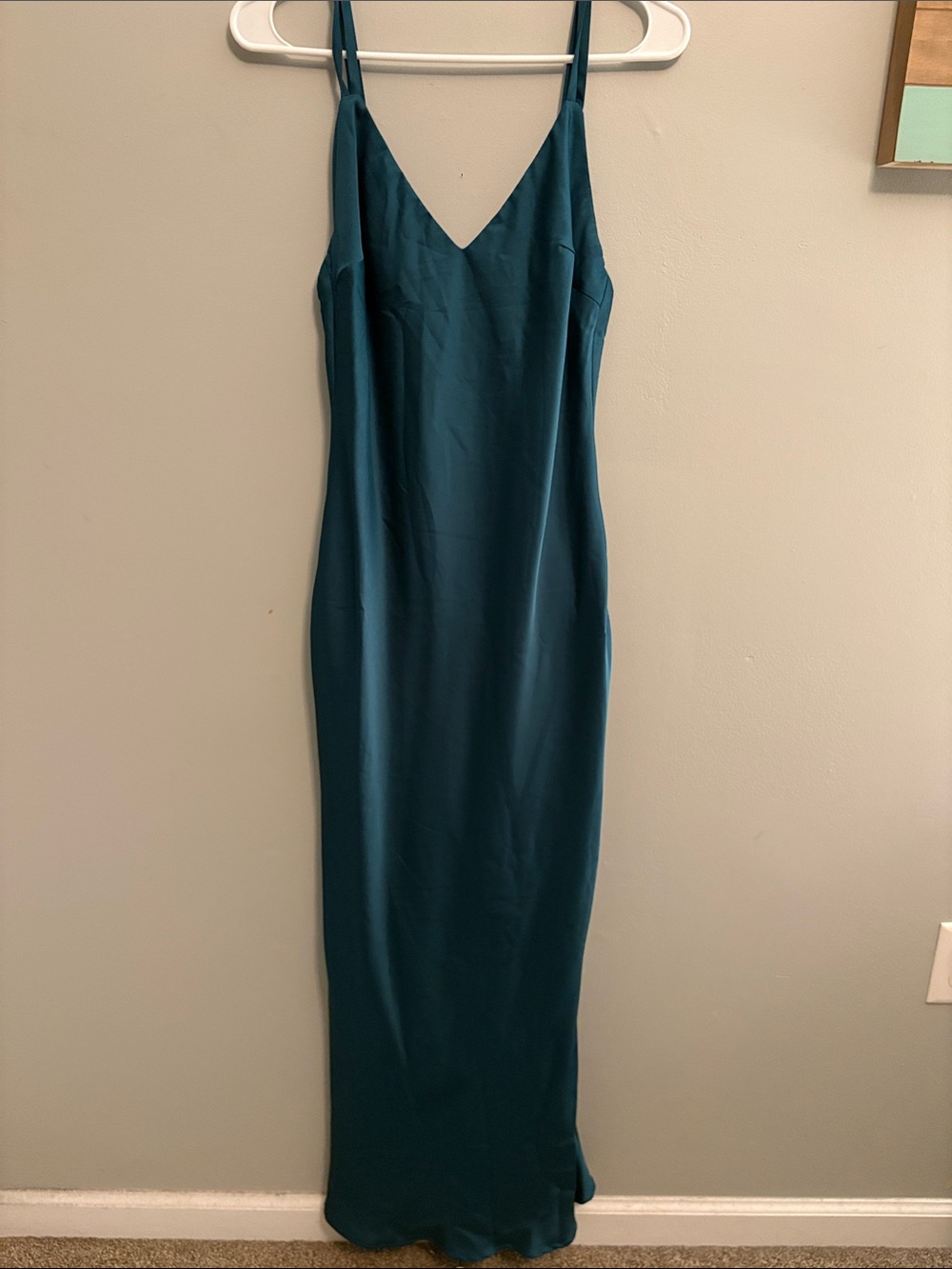 Lulus teal satin wedding guest or bridesmaid dress